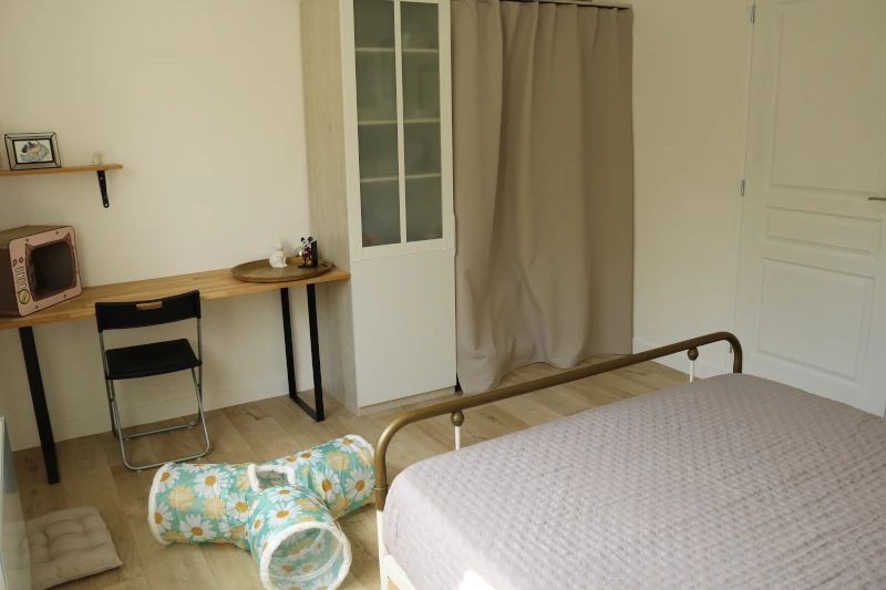 Chambre Alba : Ambiance générale de la chambre, lit et bureau bois clair — pension chat et lapin à Nîmes
