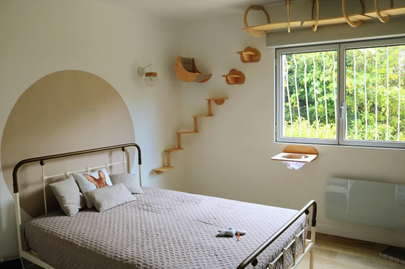 Chambre Alba : lit en fer forgé et parcours mural pour chat avec étagères en bois et hamac, fenêtre sur la verdure — pension chat et lapin à Nîmes