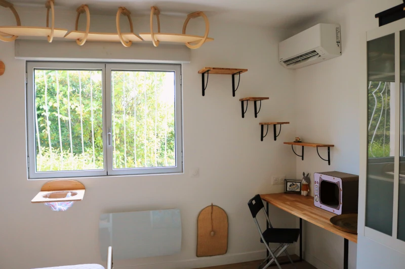 Chambre Alba : coin bureau avec climatisation, étagères murales pour chat et maisonnette de jeu — pension chat et lapin à Nîmes
