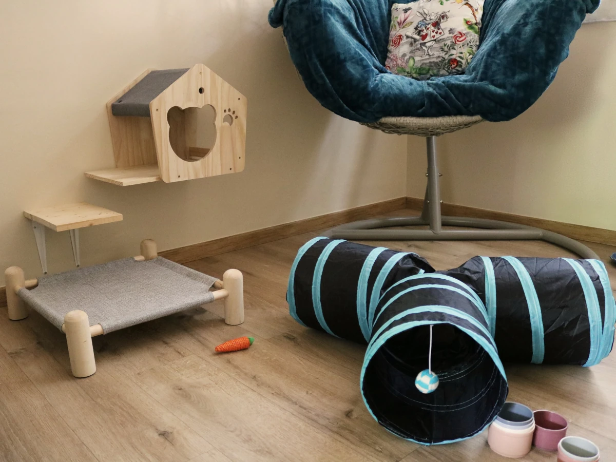 Chambre Calidà : Coin jeux et cabane perchée — pension chat et lapin à Nîmes