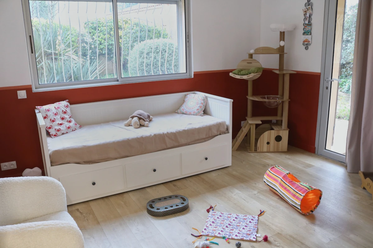 Chambre Solana : banquette blanche et arbre à chat devant fenêtre jardin — pension chat et lapin à Nîmes